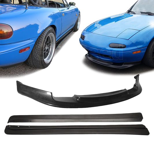 [GT-Speed] 2 x Combo - GV Style PU Front Bumper Lip + FD Side Skirts, Compatible With 1990-1998 Mazda Miata NA Factory Bumper Only