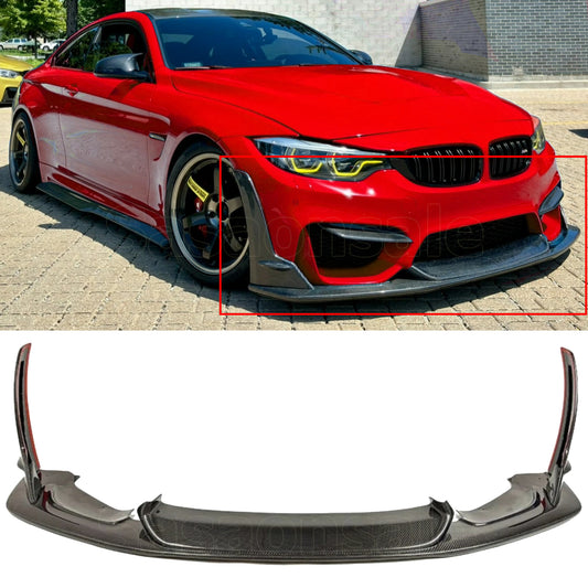 For 2015-2020 BMW F80 M3 & F82 M4, LT Style Real Carbon Fiber Front Bumper Lip Spoiler + Winglet